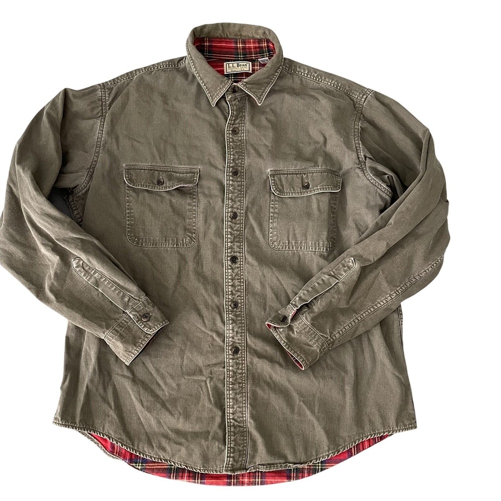 Vintage L.L. Bean Chamois Shirt Jacket Flannel Lined USA Green | Mens Large‎